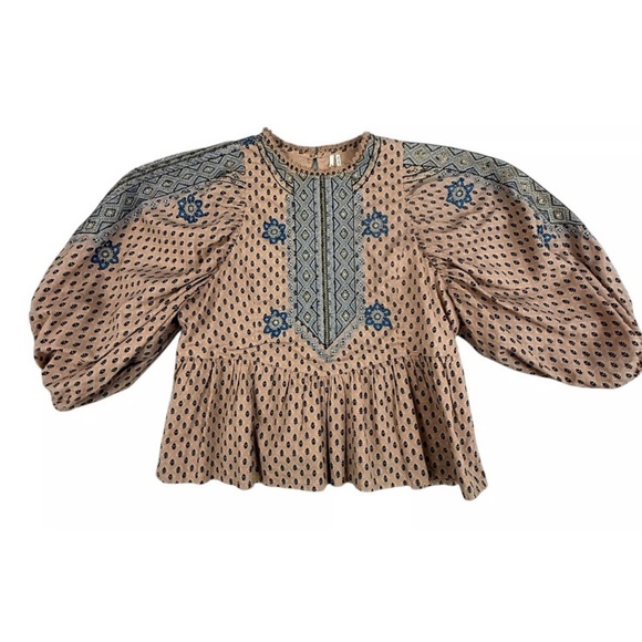 Anthropologie Tops - Anthropologie Embroidered  Blouse with Puff Sleeves Sz XL